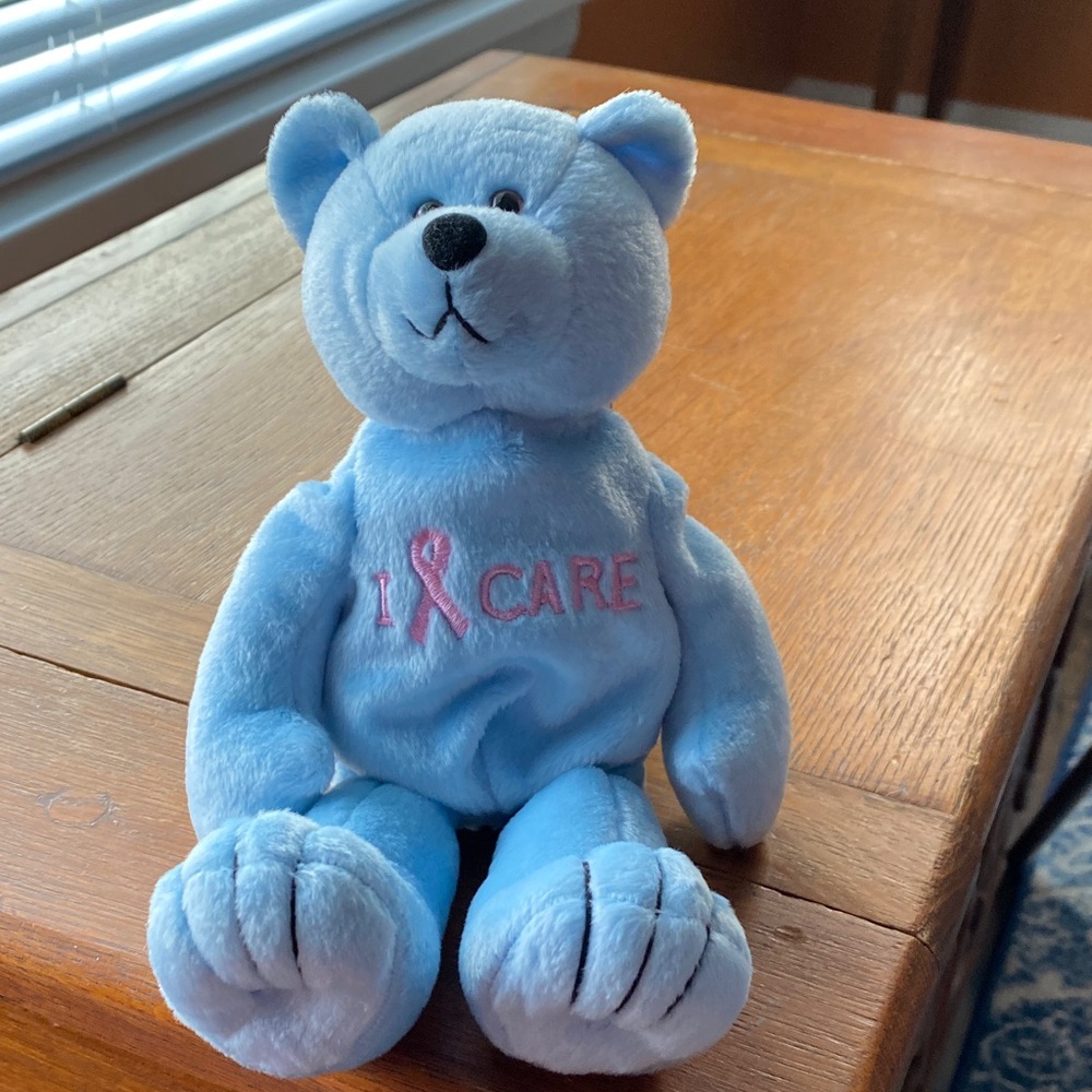 Blue Teddy Bear with Pink Ribbon Embroidery
